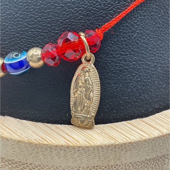 Adjustable Red & Blue Beaded Bracelet With Gold Our Lady Of Guadalupe Charm - Picture 3 of 4